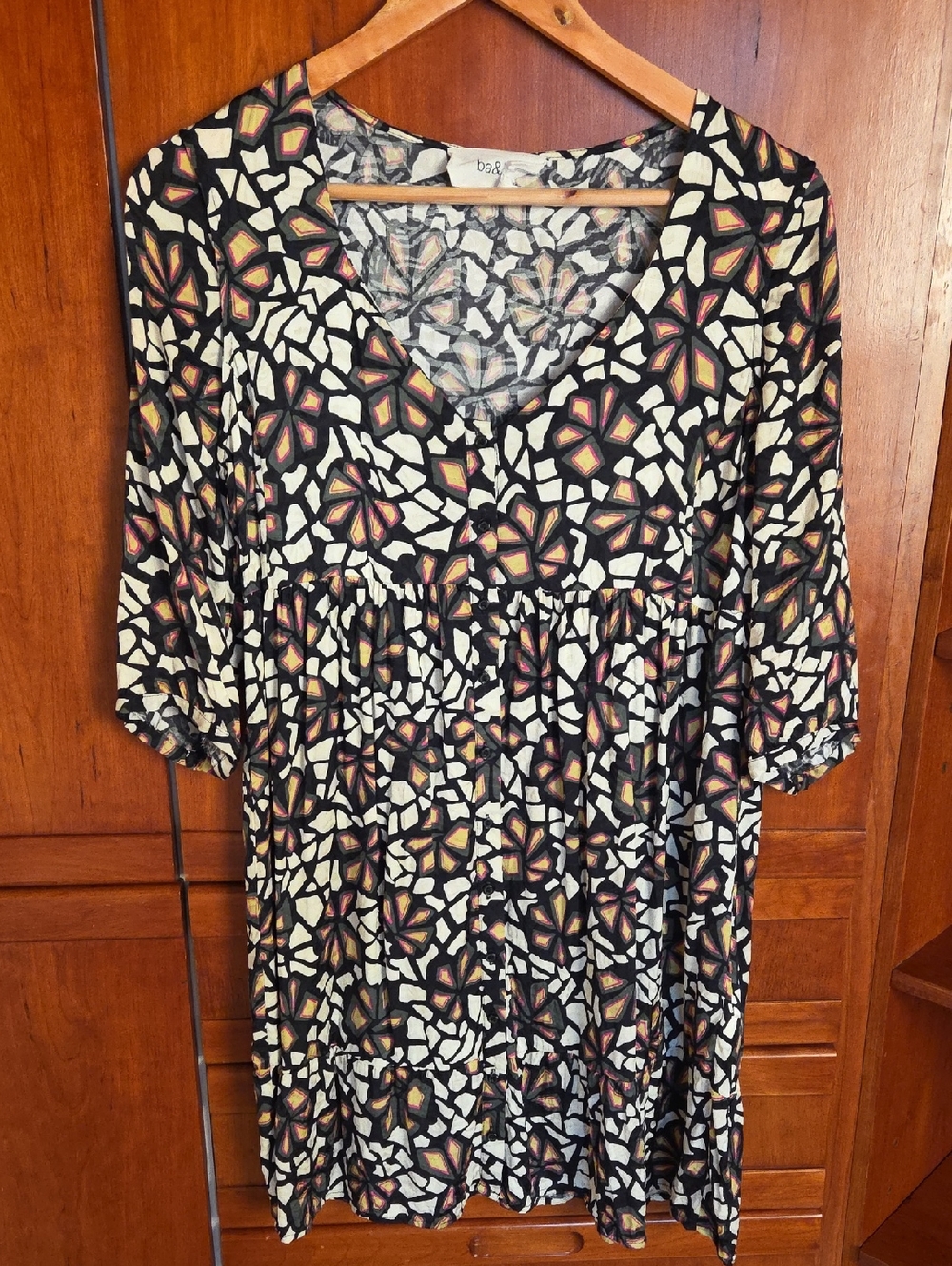 Ba&sh Black Mosaic Floral V-Neck Tunic/ Mini Dress with Cream and Warm Accents